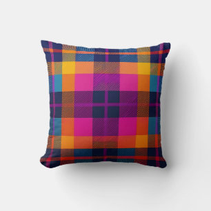 Pink Yellow Orange Blue Colourful Pretty Plaid Cushion