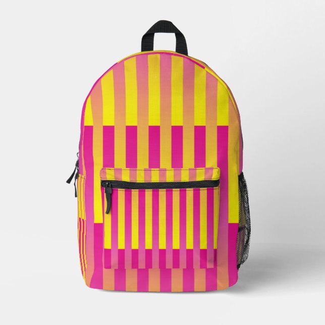 Pink Yellow Orange Striped Pattern Printed Backpack (Front)