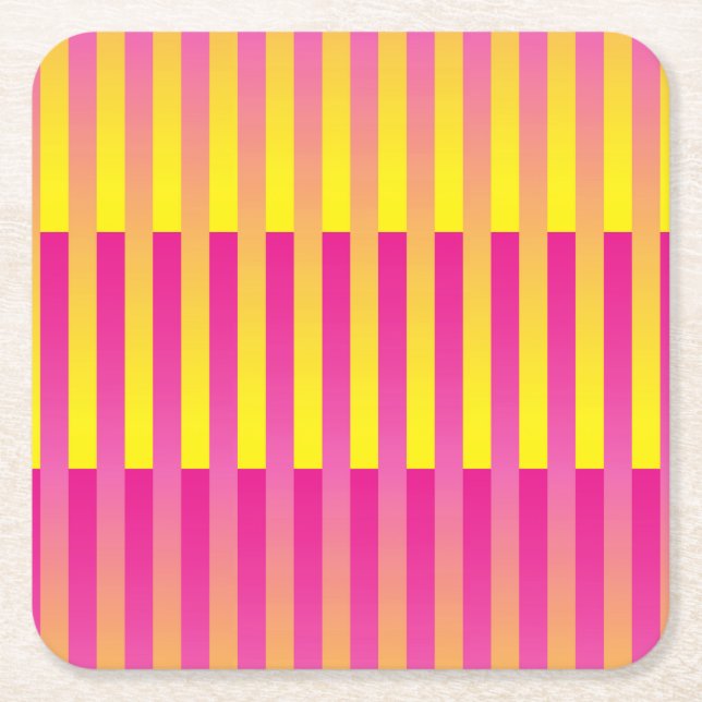 Pink Yellow Orange Striped Pattern Square Paper Coaster (Front)
