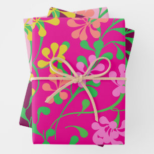 Pink Yellow Orange wildflowers Boho Floral Wrapping Paper Sheet
