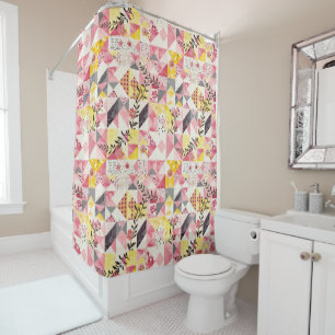 Pink Yellow Patchwork Quilt Rustic Floral Retro Shower Curtain