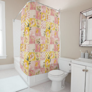 Pink Yellow Patchwork Quilt Rustic Floral Retro  Shower Curtain