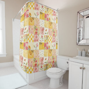 Pink Yellow Patchwork Quilt Rustic Floral Retro Shower Curtain