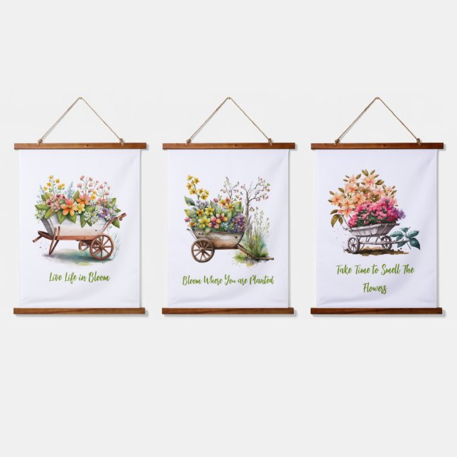 Pink Yellow Peach Flowers Wheel Barrels  Hanging Tapestry (Triple)