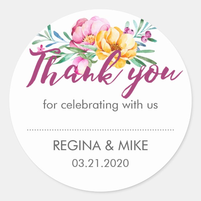 Pink Yellow Peonies Flower Wedding Thank You Classic Round Sticker (Front)