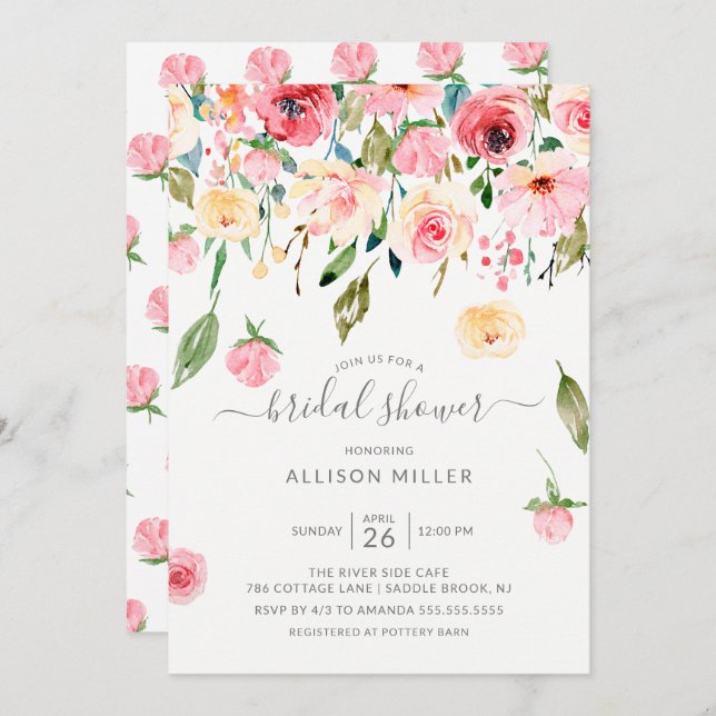 Pink Yellow Peonies Rose Floral Bridal Shower Invitation (Front/Back)