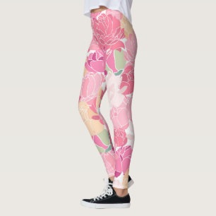 Pink, Yellow Peony Floral Leggings