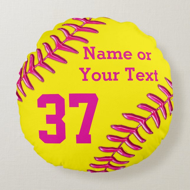 PINK, Yellow PERSONALIZED Round Softball Pillows (Front)