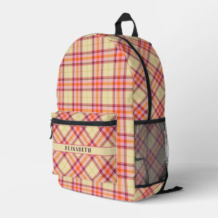 Pink & Yellow Plaid Pattern Chic Add Name Vintage Printed Backpack