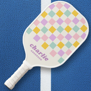 Pink yellow purple blue chequerboard retro pickleball paddle