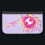 Pink yellow purple girls soccer named flap case<br><div class="desc">Bright pink,  yellow and purple football / soccer ball splatting in the back of the goal / net kids girls cell phone case. Ideal for girl footballers and female soccer players,  personalise with your own name currently reads Megan. Designed by Sarah Trett.</div>