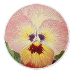 Pink Yellow Purple Pansy Vintage Ephemera Ceramic Knob
