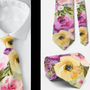 Pink Yellow Purple Spring Green Floral Neck Tie