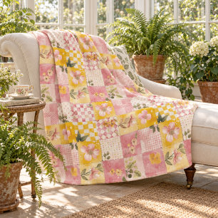 Pink Yellow Quilt Patchwork Gingham Cottagecore Fleece Blanket