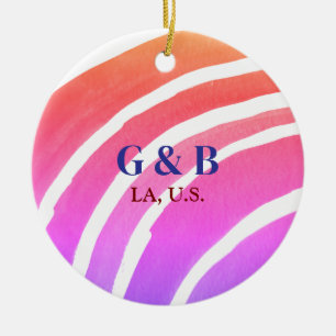 Pink yellow rainbow add couple name place city wed ceramic tree decoration