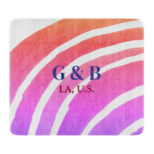 Pink yellow rainbow add couple name place city wed cutting board