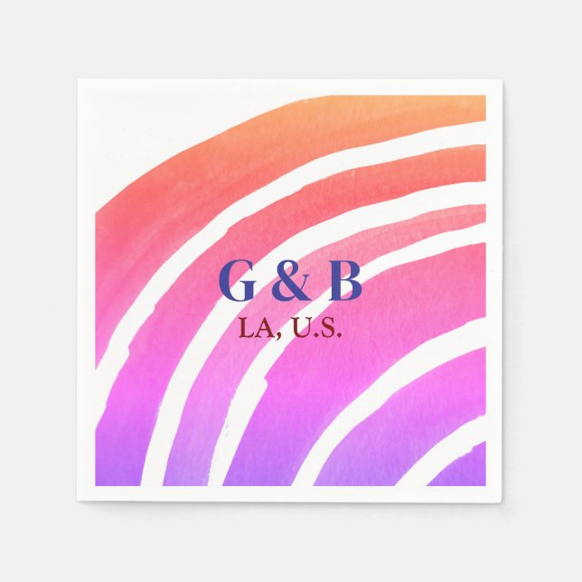 Pink yellow rainbow add couple name place city wed napkin (Front)