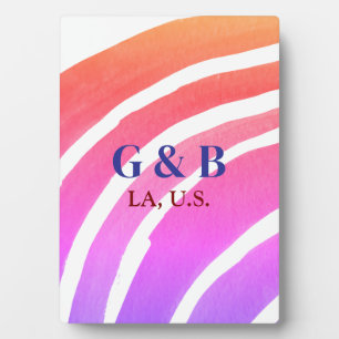 Pink yellow rainbow add couple name place city wed plaque
