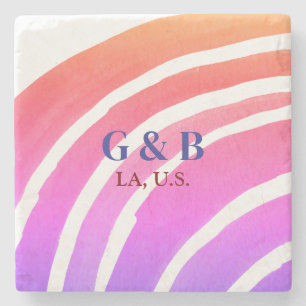 Pink yellow rainbow add couple name place city wed stone coaster