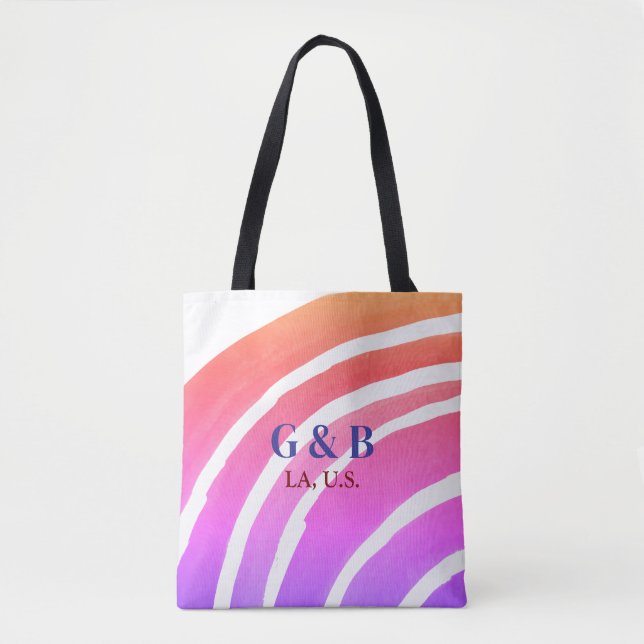 Pink yellow rainbow add couple name place city wed tote bag (Front)