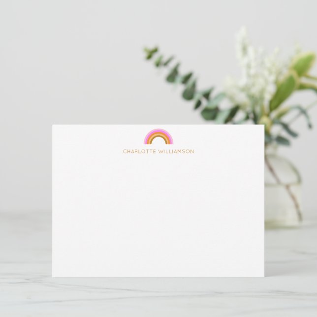 Pink Yellow Rainbow Personalised Name Stationery Card (Standing Front)