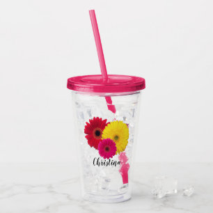 Pink Yellow Red Gerbera Daisy Personalised Acrylic Tumbler