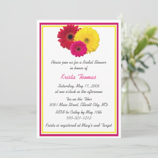 Pink Yellow Red Gerbera Daisy Shower Invitations (Standing Front)