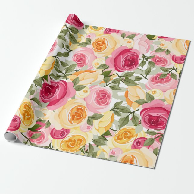 Pink & Yellow Roses Farmhouse Shabby Chic Floral Wrapping Paper (Unrolled)