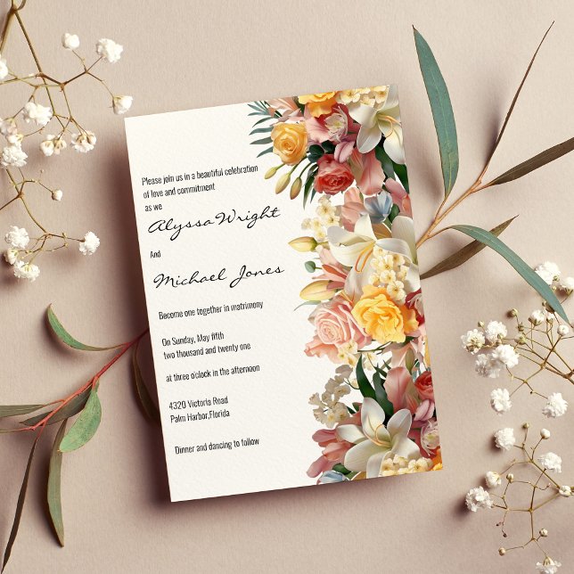 Pink yellow roses lilies orchids floral Wedding  Invitation (Pink yellow roses lilies orchids floral Wedding)