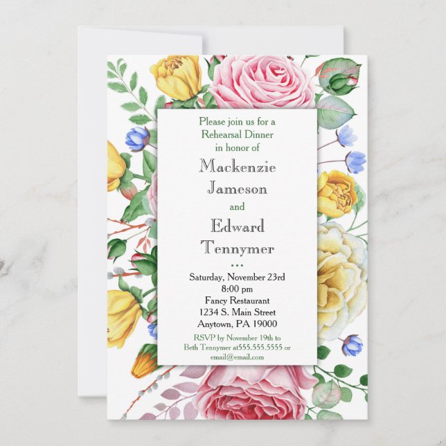 Pink Yellow Roses Rehearsal Dinner Invitation (Front)