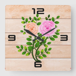 Pink Yellow Roses Square Wall Clock