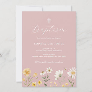Pink Yellow Spring Floral Baptism Invitation