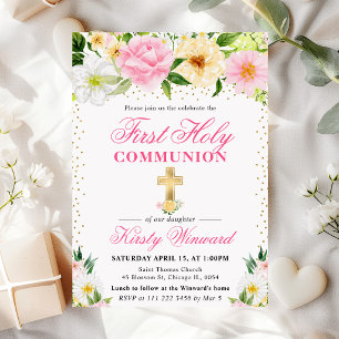 Pink & Yellow Summer Flowers First Holy Communion Invitation