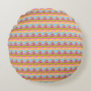 Pink Yellow Sunset Purple Boat Blue Waves Abstract Round Cushion