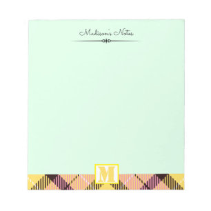 Pink Yellow Tartan Custom Script Monogram Celadon Notepad