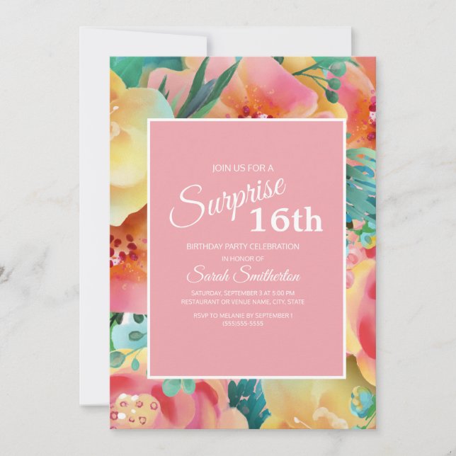 Pink Yellow Teal Watercolor Floral 16th Birthday Invitation (Front)