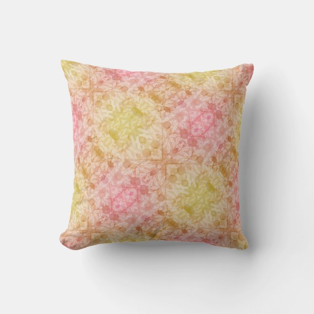 Pink Yellow Tropical Leaf Pattern Boho Cushion (Front)