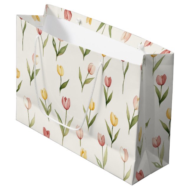 Pink Yellow Tulip Flowers Easter Large Gift Bag (Front Angled)
