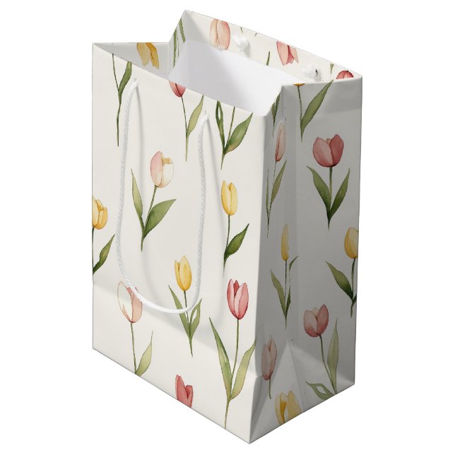 Pink Yellow Tulip Flowers Easter Medium Gift Bag (Front Angled)