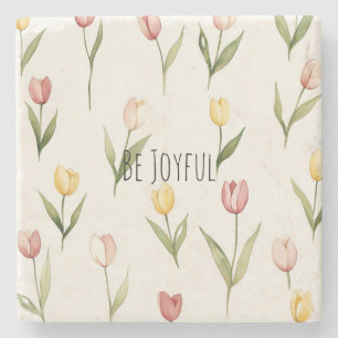 Pink Yellow Tulip Flowers   Stone Coaster