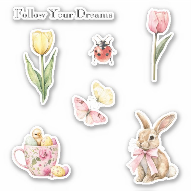 Pink Yellow Tulips Butterflies Bunny Ladybug (Front)