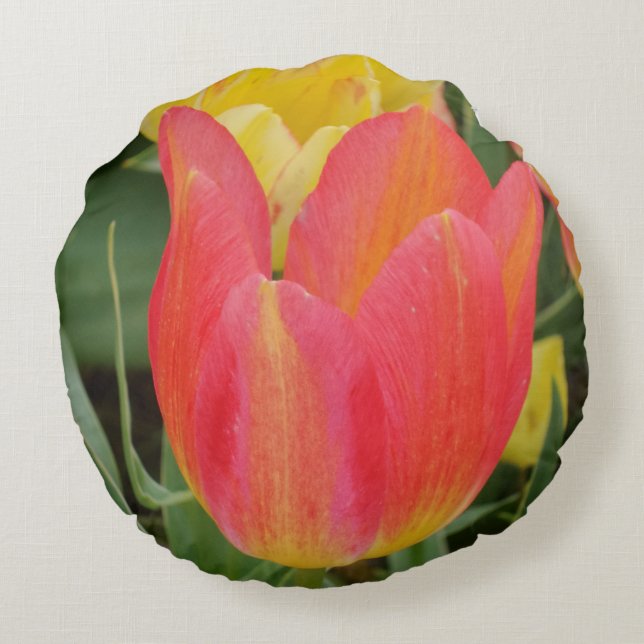 Pink Yellow Tulips Round Pillow (Back)
