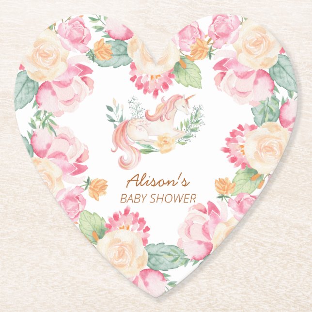 Pink Yellow Unicorn Floral Baby Shower Heart Paper Coaster (Front)