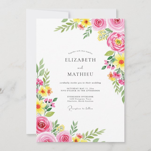 Pink Yellow Vibrant Summer Wedding Invitation (Front)