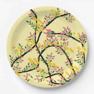 Pink Yellow Vine Blossoms Paper Plate