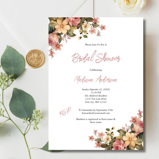 Pink Yellow Watercolor Floral Bridal Shower Invitation (Pink Yellow Watercolor Floral Bridal Shower Invitation. Vintage Antique, Printed or Digital Download)
