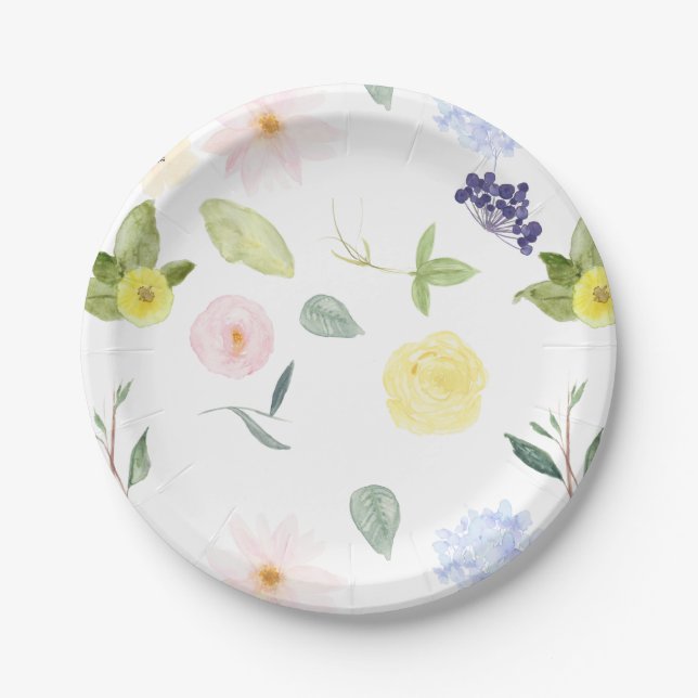 Pink Yellow Watercolor Floral Paper Plate (Front)