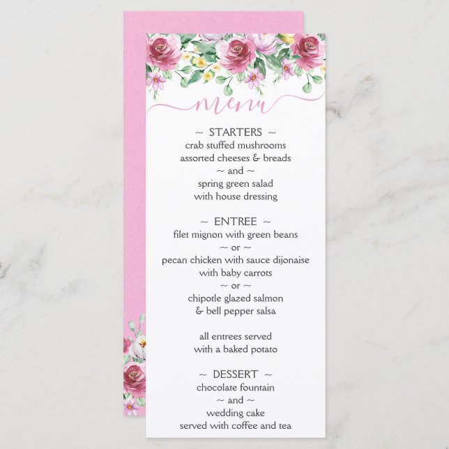 Pink Yellow Watercolor Floral Wedding Menu (Front/Back)