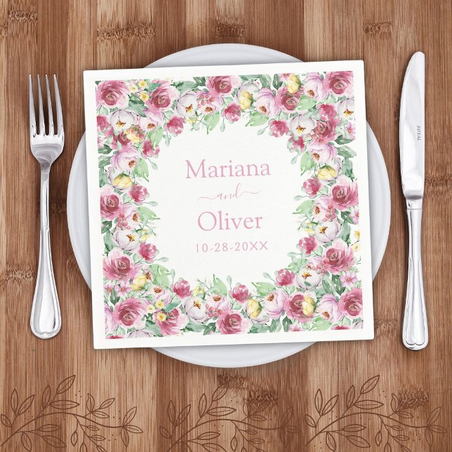 Pink Yellow Watercolor Floral Wedding Napkin (Creator Uploaded)