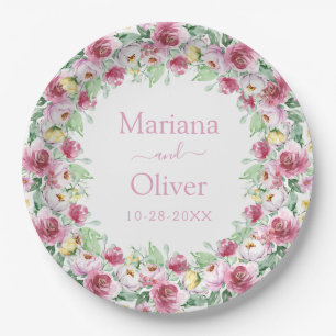 Pink Yellow Watercolor Floral Wedding Paper Plate